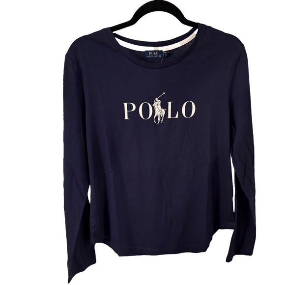 Polo Ralph Lauren Women’s Navy Blue Long Sleeve Top W/Large Polo Logo Sz M NWT - Picture 1 of 9